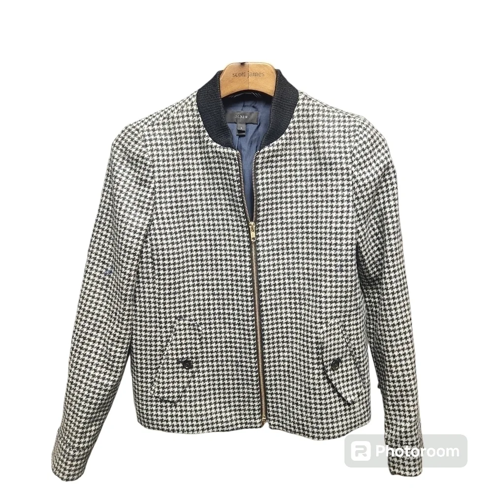 J.Crew Houndstooth Bomber Jacket Sz. S Preppy Wool